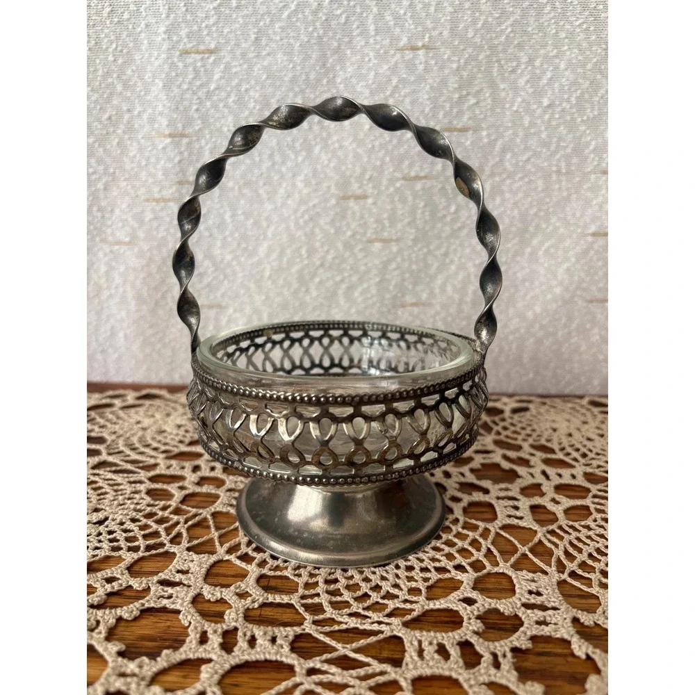 Vintage England Silver Plate Preserve Basket Glass Liner Fixed Twisted Handle